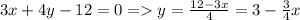 3x+4y-12=0=y= \frac{12-3x}{4} =3- \frac{3}{4} x