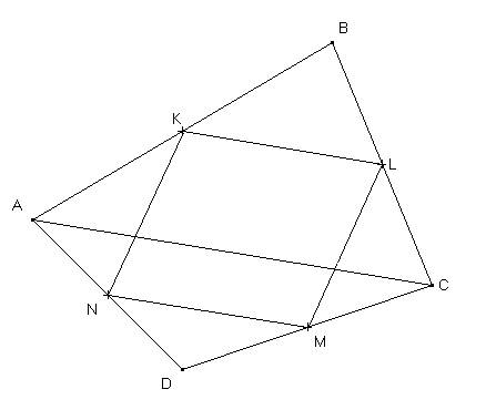 Пусть abcd- произвольный четырёхугольник, k, l, m, n есть соответственно середины сторон ab, bc, cd,