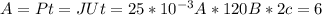 A=Pt=JUt=25*10^{-3}A*120B*2c=6