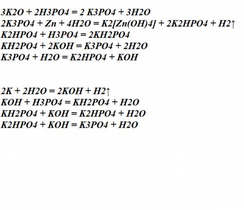 2цепочки превращений: 1) k2o-> k3po4-> k2hpo4-> kh2po4-> k3po4-> koh 2) k-> koh-&g