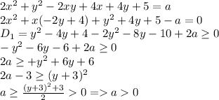 2x^2+y^2-2xy+4x+4y+5=a \\&#10;2x^2+x(-2y+4)+y^2+4y+5-a=0 \\&#10;D_1=y^2-4y+4-2y^2-8y-10+2a \geq 0 \\&#10;-y^2-6y-6+2a \geq 0 \\&#10;2a \geq +y^2+6y+6 \\&#10;2a-3 \geq (y+3)^2 \\&#10;a \geq \frac{ (y+3)^2+3}{2} 0 =a0