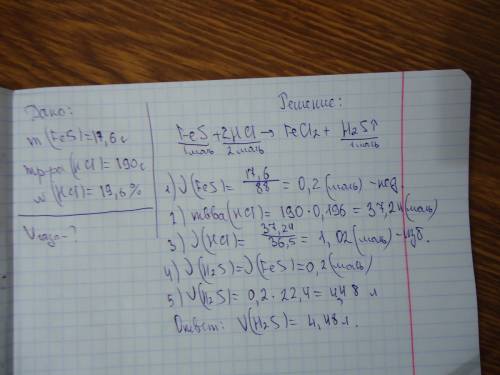 Определите объём газа, выделившегося при взаимодействии 17,6г сульфида железа (||) из 190г 19,6%-ног