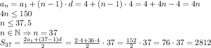 a_n=a_1+(n-1)\cdot d=4+(n-1)\cdot4=4+4n-4=4n\\4n\leq150\\n\leq37,5\\n\in\mathbb{N}\Rightarrow n=37\\S_{37}=\frac{2a_1+(37-1)d}{2}=\frac{2\cdot4+36\cdot4}2\cdot37=\frac{152}2\cdot37=76\cdot37=2812