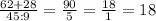 \frac{62+28}{45:9} = \frac{90}{5} = \frac{18}{1} = 18