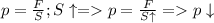 p=\frac{F}{S};S\uparrow=p=\frac{F}{S\uparrow}=p\downarrow