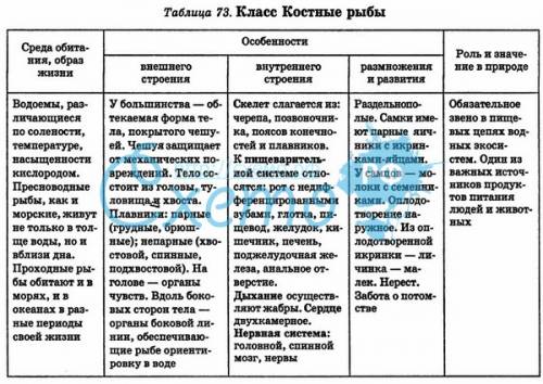 Системы органов костных рыб таблица