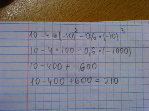 Вычислите 10-4*(-10)^2-0,6*(-10)^3 ответ должен быть 210