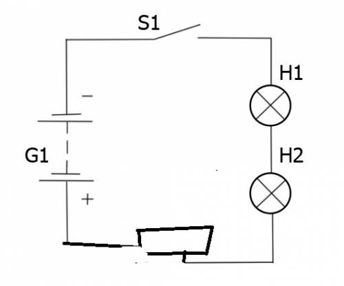 Начертить схему электрической цепи,содержащей гальванический элемент,ключ,2 лампочки и реостат. разл