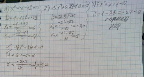 Подробное решение уравнений с нахождением дискриминанта: 1) х^2 + х - 42 = 0 2) -5х^2 + 23 + 10 = 0