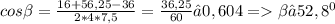 cos \beta = \frac{16+56,25-36}{2*4*7,5} = \frac{36,25}{60} ≈0,604= \beta ≈52,8^{0}