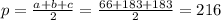 p=\frac{a+b+c}{2}=\frac{66+183+183}{2}=216