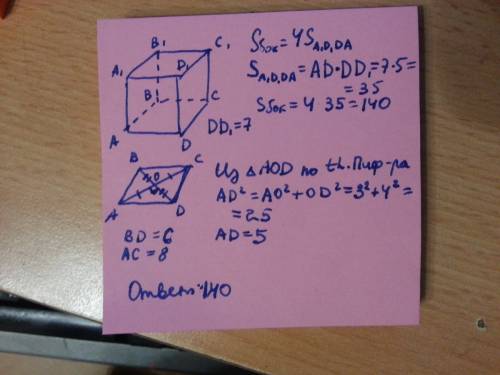 Восновании прямой призмы лежит ромб (боковые ребраперпендикулярны основанию) с диагоналями 6 и 8. на