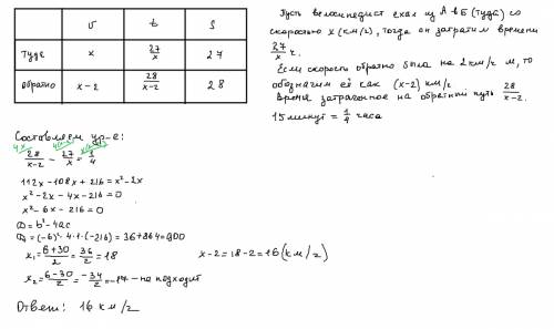 Составить уравнение к . велосипедист проехал 27км по шоссе из а в б. возвращался он по просёлочной д