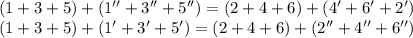 &#10;(1+3+5)+(1''+3''+5'')=(2+4+6)+(4'+6'+2') \\&#10;(1+3+5)+ (1'+3'+5') =(2+4+6)+(2''+4''+6'')