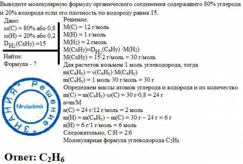 Выведите молекулярную формулу органического соединения содержащего 80%углерода и 20% водорода если е