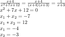 \frac{x+4}{ x^{2} +7x+12} = \frac{x+4}{(x+4)(x+3)} = \frac{1}{x+3} \\ x^{2} +7x+12=0 \\ x_{1} + x_{2} =-7 \\ x_{1}* x_{2} =12 \\ x_{1} =-4 \\ x_{2} =-3