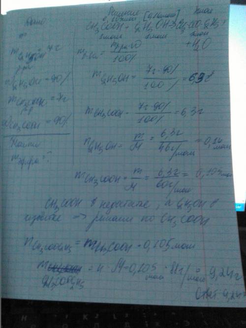 Cколько эфира образуется при взаимодействии 7г 90% раствора уксусной кислоты 7г 90% раствора этана?