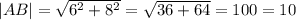 |AB|=\sqrt{6^2+8^2}=\sqrt{36+64}=\sqrrt{100}=10