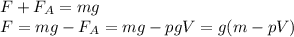 F+F_{A} =mg \\ F=mg-F_{A} = mg-pgV=g(m-pV)