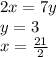 2x=7y\\&#10; y=3\\&#10; x=\frac{21}{2}