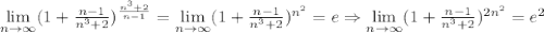 \lim\limits_{n\to\infty} (1+\frac{n-1}{n^{3}+2})^{\frac{n^{3}+2}{n-1}} = \lim\limits_{n\to\infty} (1+\frac{n-1}{n^{3}+2})^{n^{2}}=e\Rightarrow \lim\limits_{n\to\infty} (1+\frac{n-1}{n^{3}+2})^{2n^{2}}=e^{2}