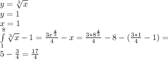 y=\sqrt[3]{x}\\&#10;y=1\\&#10; x=1\\&#10; \int\limits^8_1 {\sqrt[3]{x}-1} = \frac{3x^{\frac{4}{3}}}{4}-x=\frac{3*8^{\frac{4}{3}}}{4}-8-(\frac{3*1}{4}-1)=\\&#10; 5-\frac{3}{4}=\frac{17}{4}