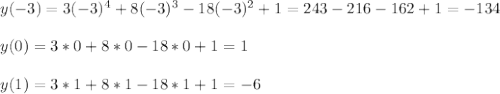 y(-3)=3(-3)^4+8(-3)^3-18(-3)^2+1=243-216-162+1=-134 \\ \\ y(0)=3*0+8*0-18*0+1=1 \\ \\ y(1)=3*1+8*1-18*1+1=-6