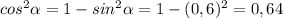 cos^2 \alpha =1-sin^2 \alpha =1-(0,6)^2=0,64