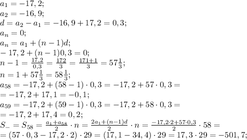 a_1=-17,2;\\&#10;a_2=-16,9;\\&#10;d=a_2-a_1=-16,9+17,2=0,3;\\&#10;a_n=0;\\&#10;a_n=a_1+(n-1)d;\\&#10;-17,2+(n-1)0,3=0;\\&#10;n-1=\frac{17,2}{0,3}=\frac{172}{3}=\frac{171+1}{3}=57\frac13;\\&#10;n=1+57\frac13=58\frac13;\\&#10;a_{58}=-17,2+(58-1)\cdot0,3=-17,2+57\cdot0,3=\\&#10;=-17,2+17,1=-0,1;\\&#10;a_{59}=-17,2+(59-1)\cdot0,3=-17,2+58\cdot0,3=\\&#10;=-17,2+17,4=0,2;\\&#10;S_-=S_{58}=\frac{a_1+a_{58}}{2}\cdot n=\frac{2a_1+(n-1)d}{2}\cdot n=\frac{-17,2\cdot2+57\cdot0,3}{2}\cdot58=\\&#10;=(57\cdot0,3-17,2\cdot2)\cdot29=(17,1-34,4)\cdot29=17,3\cdot29=-501,7;\\&#10;