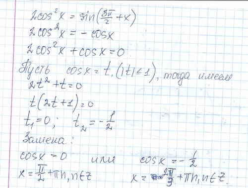 2cos^2 x=sin((3п/2)+x) найдите все корни этого уравнения,принадлежащие промежутку от -7п/2 до -2п вс