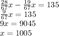 \frac{28}{67}x-\frac{19}{67}x=135\\\frac{9}{67}x=135\\9x=9045\\x=1005