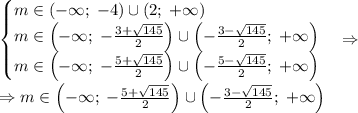 \begin{cases}m\in(-\infty;\;-4)\cup(2;\;+\infty)\\m\in\left(-\infty;\;-\frac{3+\sqrt{145}}2\right)\cup\left(-\frac{3-\sqrt{145}}2;\;+\infty\right)\\m\in\left(-\infty;\;-\frac{5+\sqrt{145}}2\right)\cup\left(-\frac{5-\sqrt{145}}2;\;+\infty\right)\end{cases}\Rightarrow\\\Rightarrow m\in\left(-\infty;\;-\frac{5+\sqrt{145}}2\right)\cup\left(-\frac{3-\sqrt{145}}2;\;+\infty\right)