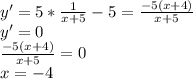 y'=5* \frac{1}{x+5} -5= \frac{-5(x+4)}{x+5} \\ y'=0 \\ \frac{-5(x+4)}{x+5} =0 \\ x=-4