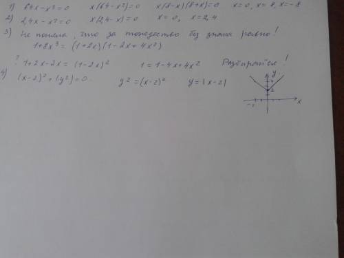 Решите уравнение: 64x - x^3 =0 найдите корень уравнения: 2, 4x - x^2 = 0 докажите тождество: 1+8x^3