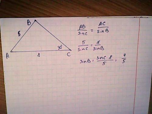 Найдите синус угла b треугольника abc, если ab=5см, c=8см, угол c=30 градусов полное решение