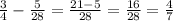 \frac{3}{4}- \frac{5}{28}= \frac{21-5}{28} = \frac{16}{28}= \frac{4}{7}