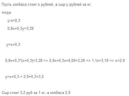 Купили 0,8 кг колбасы и0,3 сыра . за всю покупку заплатили 3,28 руб. известно что 1кг колбасы дешевл