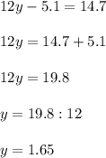 12y-5.1=14.7 \\ \\ 12y=14.7+5.1 \\ \\ 12y=19.8 \\ \\ y=19.8:12 \\ \\ y=1.65