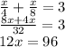 \frac x4+\frac x8=3\\\frac{8x+4x}{32}=3\\12x=96