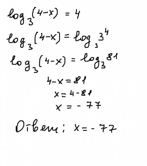 Найдите корень уравнения log3 (4-x)=4