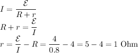 I=\dfrac{\mathcal E}{R+r}\\&#10;R+r=\dfrac{\mathcal E}{I}\\&#10;r=\dfrac{\mathcal E}I-R=\dfrac4{0.8}-4=5-4=1\text{ Ohm}