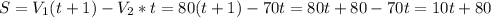 S=V_{1}(t+1)-V_{2}*t=80(t+1)-70t=80t+80-70t=10t+80