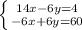 \left \{ {{14x-6y=4} \atop {-6x+6y=60}} \right.