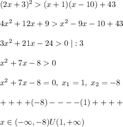 (2x+3)^2(x+1)(x-10)+43\\\\4x^2+12x+9x^2-9x-10+43\\\\3x^2+21x-240\; |:3\\\\x^2+7x-80\\\\x^2+7x-8=0,\; x_1=1,\; x_2=-8\\\\+ + + +(-8)- - - -(1)+ + + + \\\\x\in (-\infty,-8)U(1,+\infty)