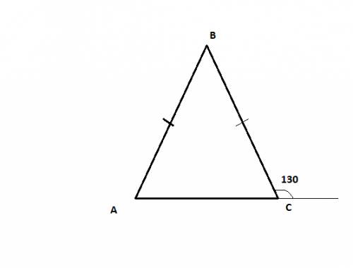 1.в треугольнеке abc сторона ab и bc равны, внешний угол при вершине c равен 130 градусев . найдите