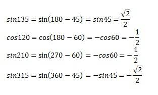 Вычислить с формул 1) sin135 2) cos 120 3) sin210 4) sin 315