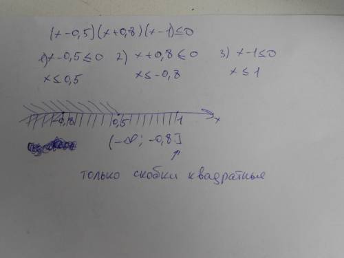 Решите неравенство (х-0,5)(х+0,8)(х-1)≤0 варианты ответов: 1. (-0,8; +∞) 2.[-0,5; 0,8] [1; +∞) ∞; -0