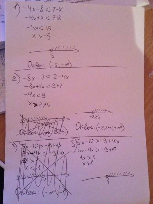 Решите неравенство с подробным решением 1) -4х-8 < 7 - x 2)-8x - 7 < 2 - 4x 3) 5x - 10 > -9