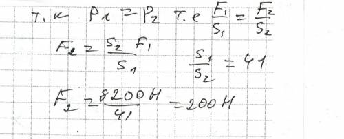 Великий поршень гідравлічного преса стискає деталь із силою 8,2 кн. яка сила дії на малий поршень,як