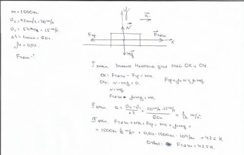 Решить сейчас нужно проверить! автомобиль массой 1500 кг за 1 минуту увеличил скорость с 54 до 72 км